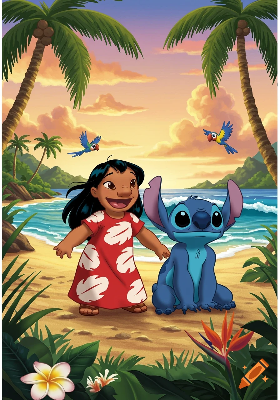 Lilo and Stitch on a tropical beach at sunset, with palm trees, ocean, and parrots, in an animated style.