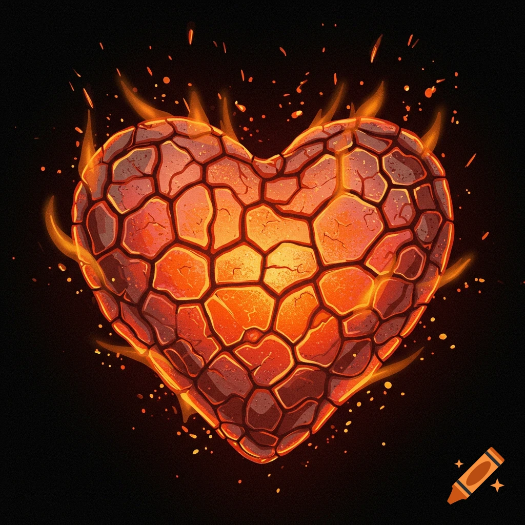 A stylized illustration of a heart made of glowing, cracked lava or embers, surrounded by orange flames and sparks on a black background.
