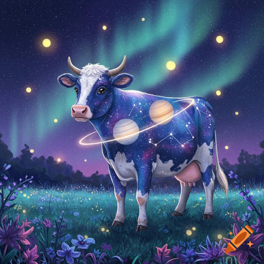 A whimsical cow, its body like a starry galaxy with planets, stands in a vibrant flower field under a night sky with aurora.