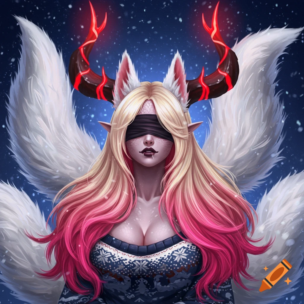 A blindfolded fantasy woman with blonde and pink hair, glowing red horns, white fur ears and tails, wearing a Christmas sweater against a snowy background, digital art.