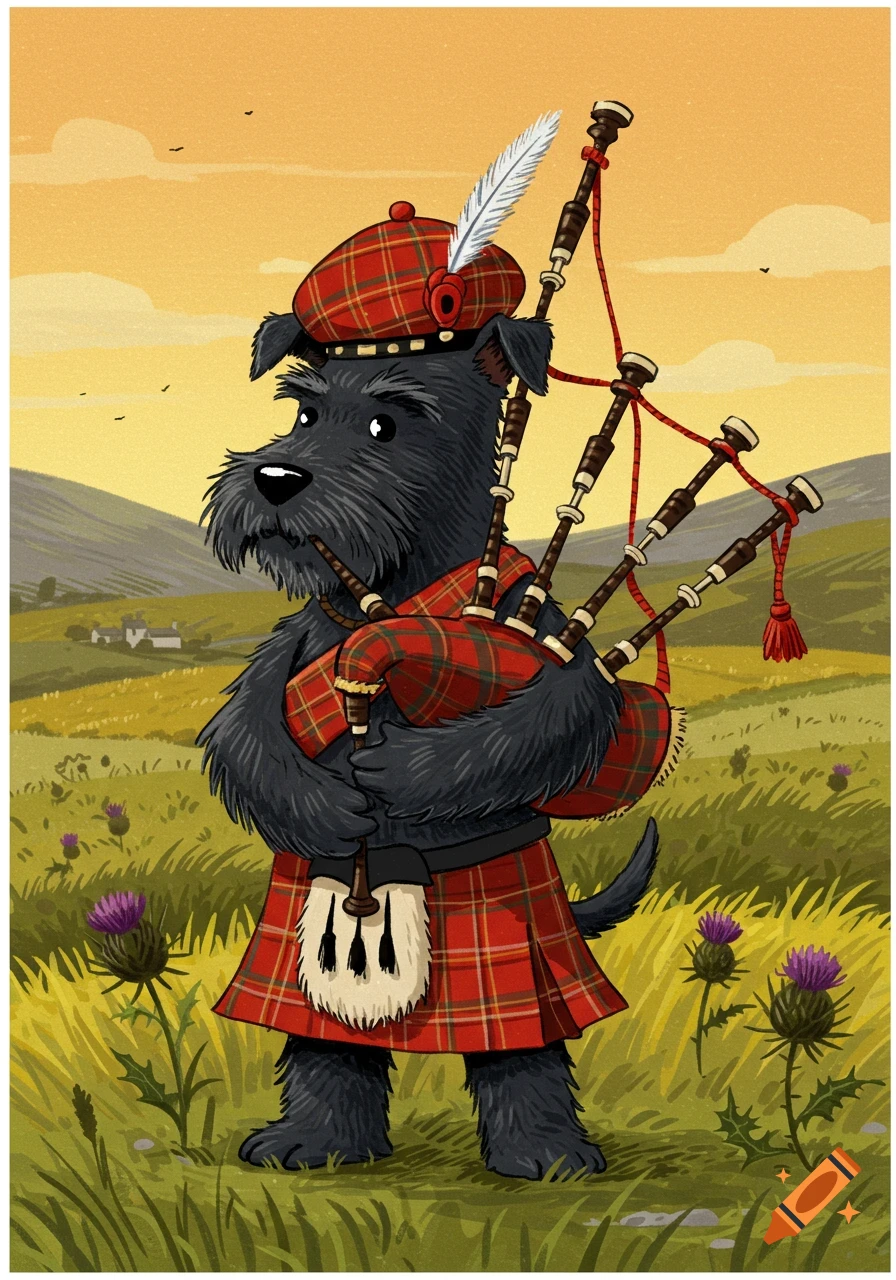 A cartoon Scotty dog wearing a tartan kilt and hat, playing bagpipes in a Scottish landscape.
