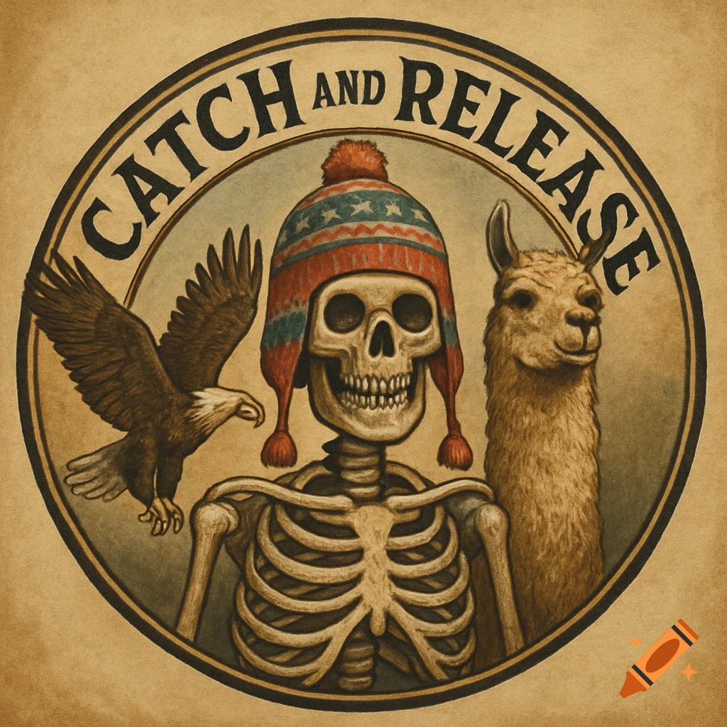 A circular seal illustration with 'CATCH AND RELEASE' text, a skeleton in an Andes hat, an American bald eagle, and a llama.