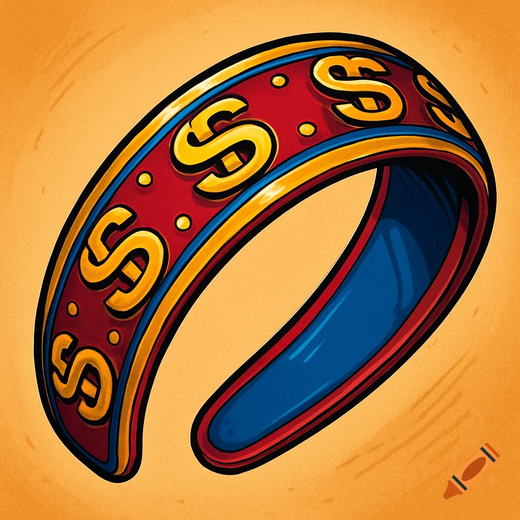 A vibrant, cartoon-style red headband with repeating yellow 'S' letters, outlined in gold and blue, on an orange background.