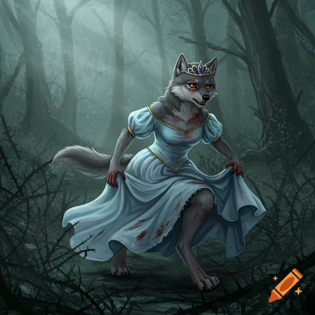 An anthropomorphic gray wolfess in a light blue princess gown with a tiara, scarred and bloody, runs through a dark, thorny forest.