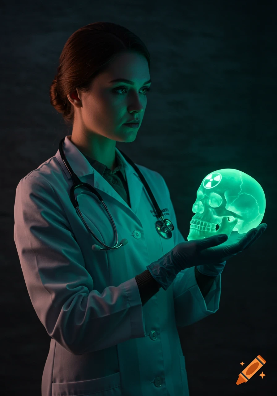 Female doctor in a white coat holds a translucent glowing green skull with a radioactive symbol, in dramatic lighting.