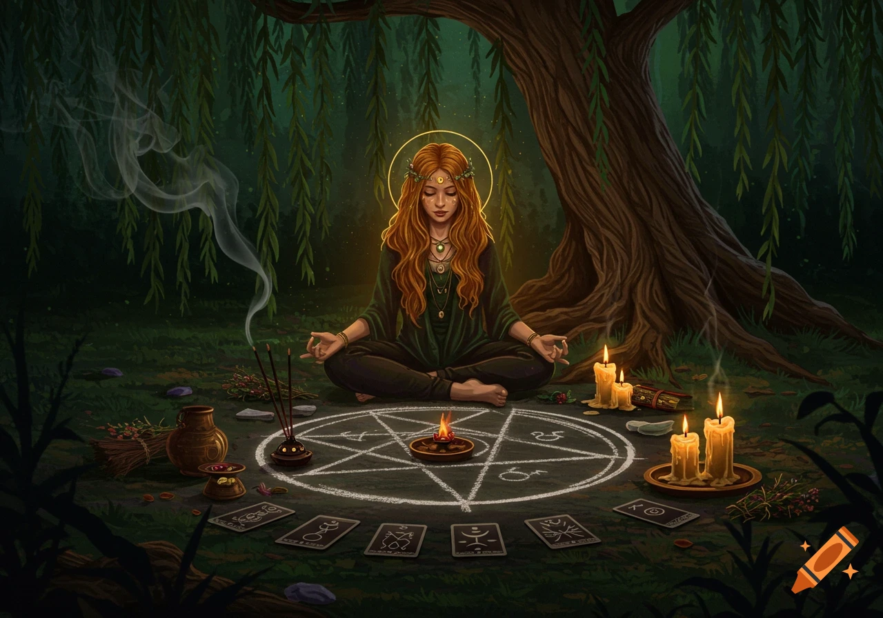 A red-haired witch meditates under a willow tree, surrounded by a glowing pentagram, candles, incense, and tarot cards in a mystical forest.