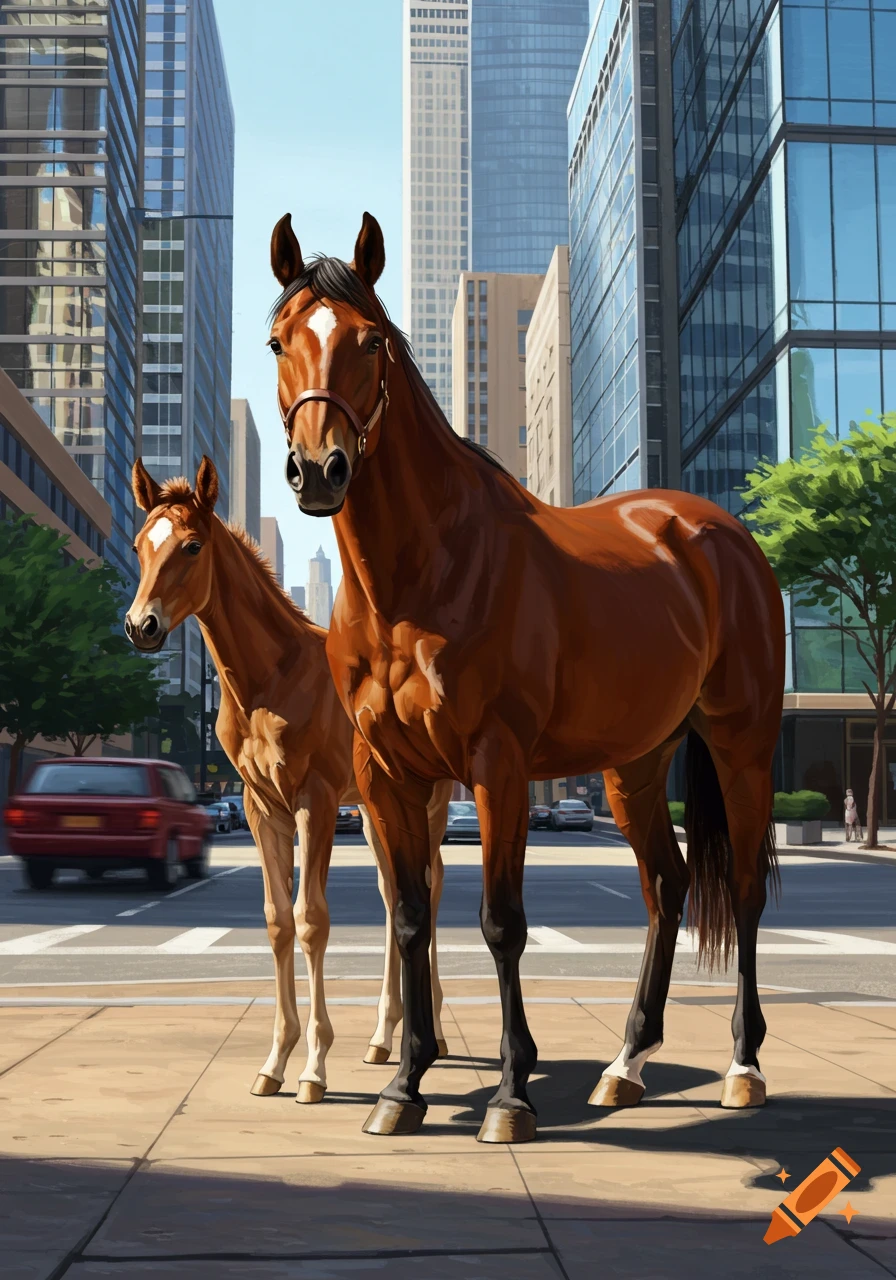 A brown adult horse and its colt, both with white leg markings, stand on a city street with tall buildings in the background.