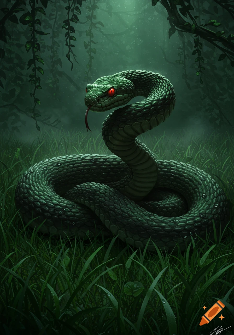 A dark green snake with glowing red eyes and a flicking tongue coiled in lush green grass in a dimly lit jungle.