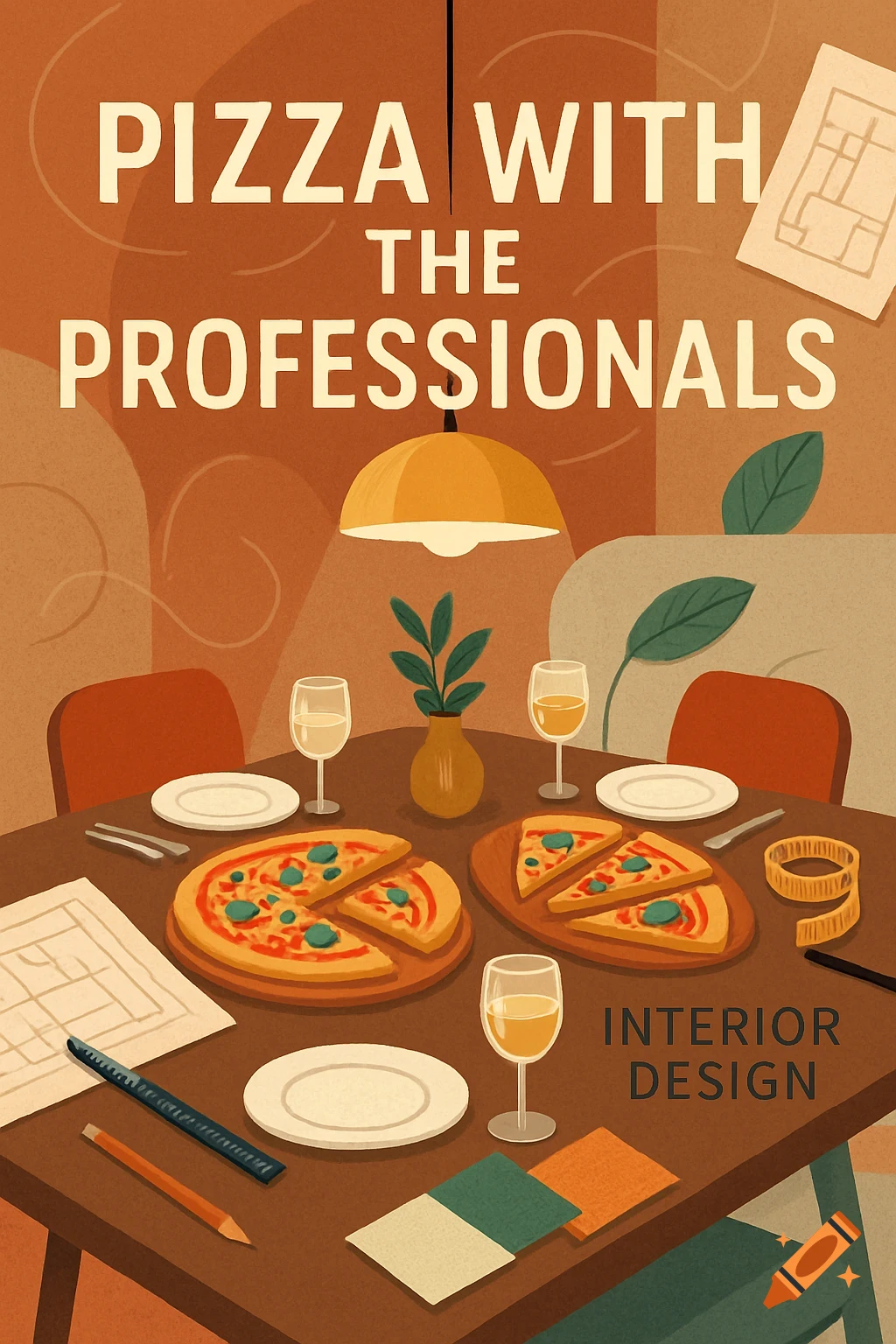 A stylized promotional graphic for "Pizza With the Professionals: Interior Design" event, showing two pizzas, drinks, and design tools on a table.