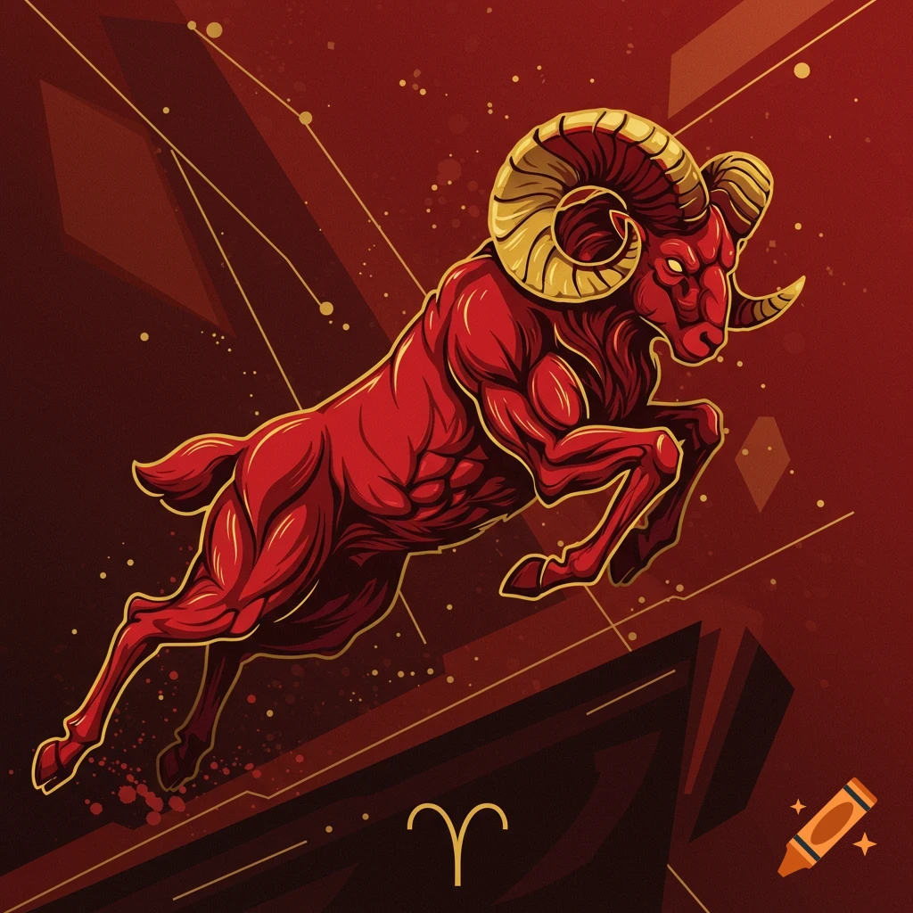 A vibrant red ram, symbolizing Aries, with golden horns and muscular detail, leaps dynamically against a geometric red background with gold accents in a modern digital art style.