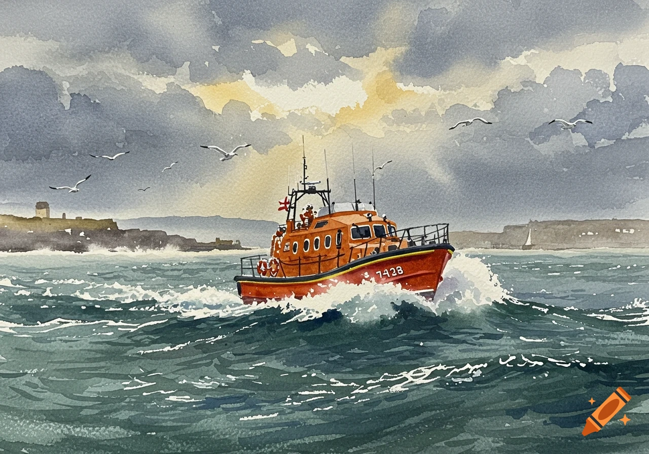A watercolor painting of an orange lifeboat, number 7428, speeding through choppy seas under a dramatic, cloudy sky with sun.
