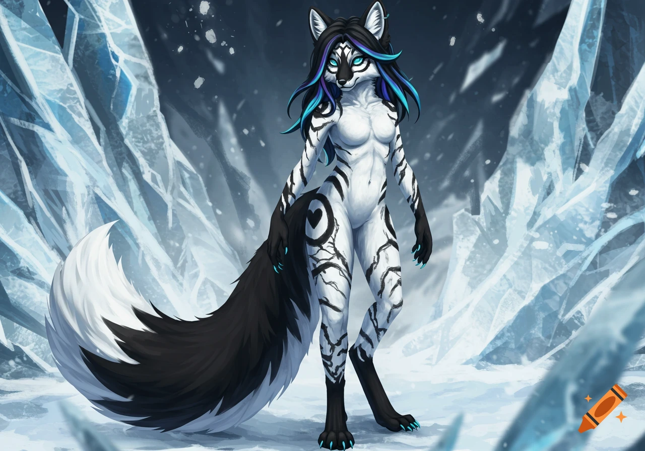Anthropomorphic white and black marble fox with blue eyes and hair stands in an icy landscape, digital art.