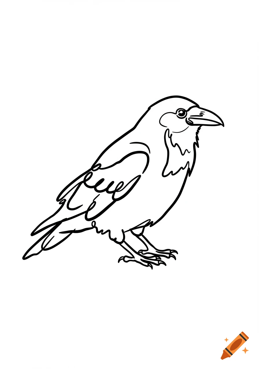 A black and white outline drawing of a crow facing right.