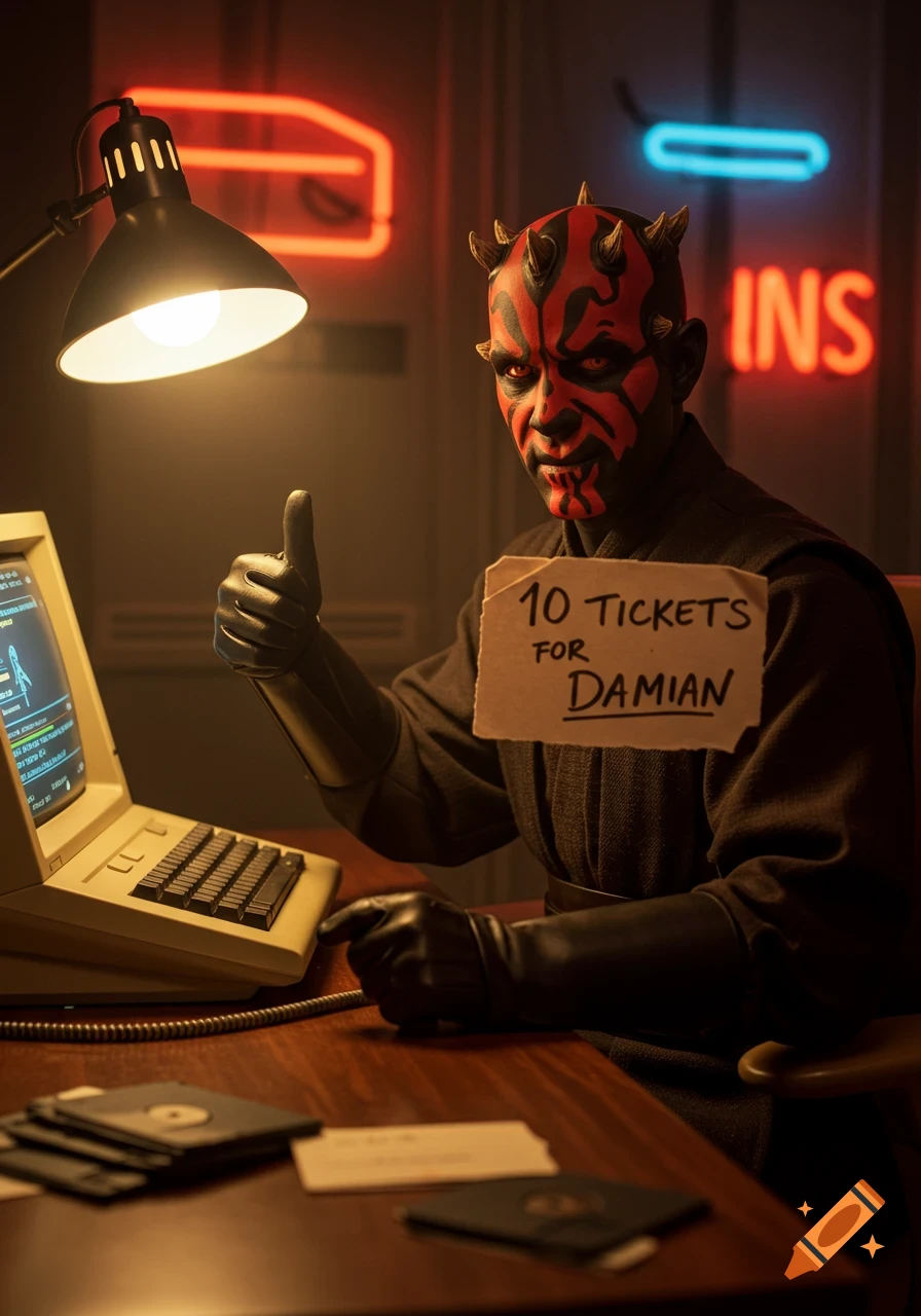 Photorealistic image of Darth Maul, giving a thumbs up, sitting at a retro computer, holding a sign that says '10 tickets for Damian'.