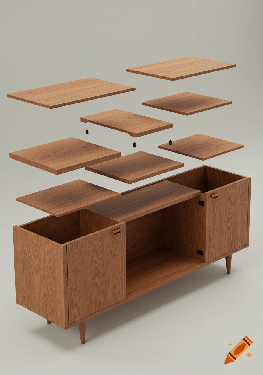 Exploded view of a modern wooden sideboard, with individual shelves, top, and base components suspended against a light background.