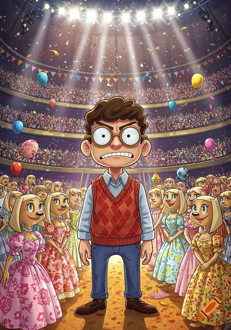 Cartoon boy resembling Carl Wheezer stands annoyed in a spotlighted stadium surrounded by many smiling, dog-like female characters in dresses.
