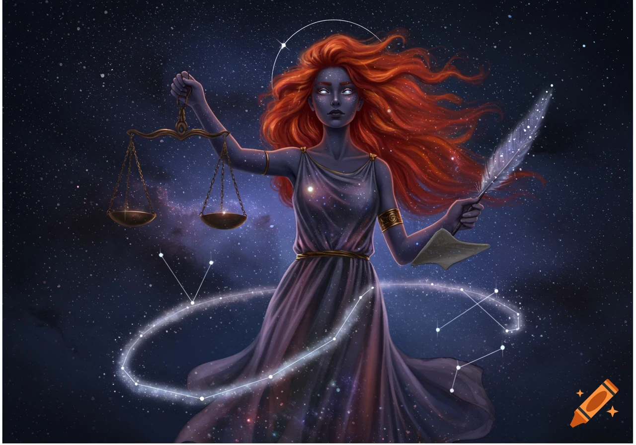 A blue-skinned goddess with red hair holds golden scales and a starry quill against a sparkling night sky with constellations.