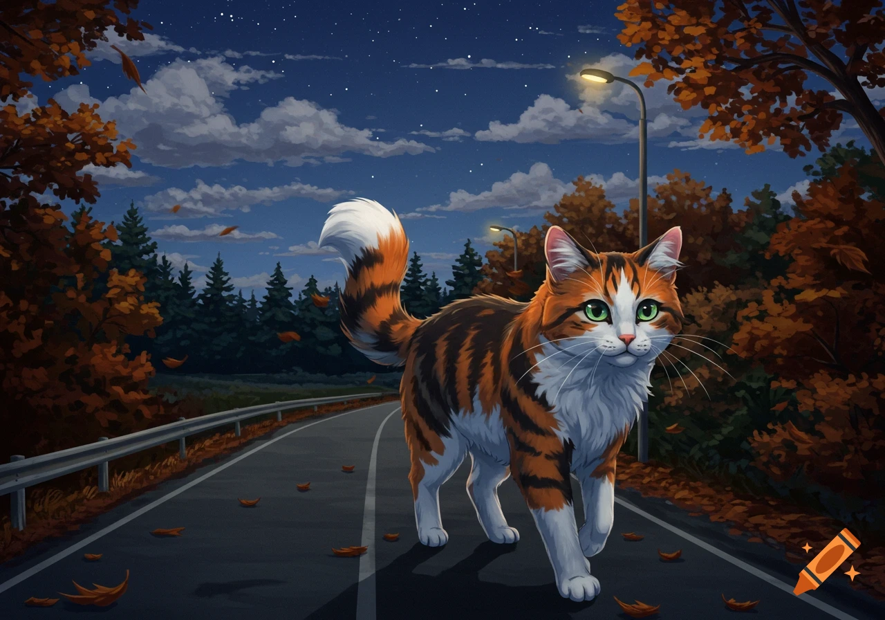 Anime-style calico cat walks on a dark road with autumn trees and streetlights under a starry night sky.