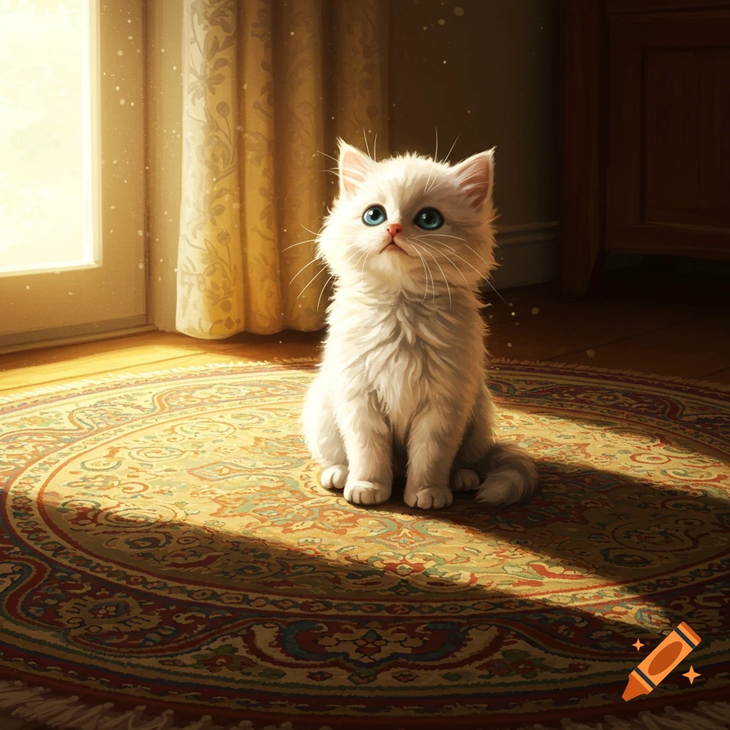 A fluffy white kitten with bright blue eyes sits attentively on a round patterned rug in a sunlit room.