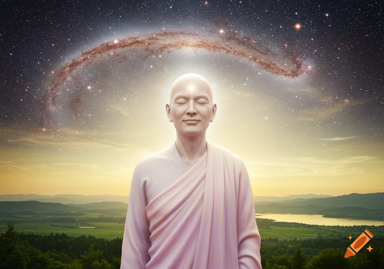 A bald figure in robes meditating with closed eyes, under a cosmic galaxy arching over a serene mountain landscape.