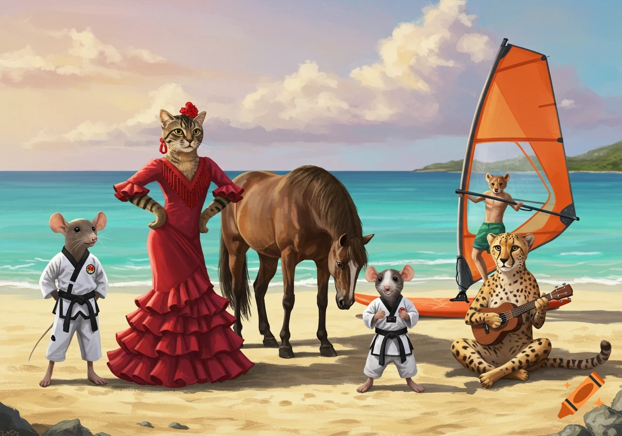An anthropomorphic cat in a red flamenco dress stands next to a horse, two mice in taekwondo outfits, a cheetah playing ukulele, and a small feline windsurfing on a tropical beach at sunset in a whimsical art style.