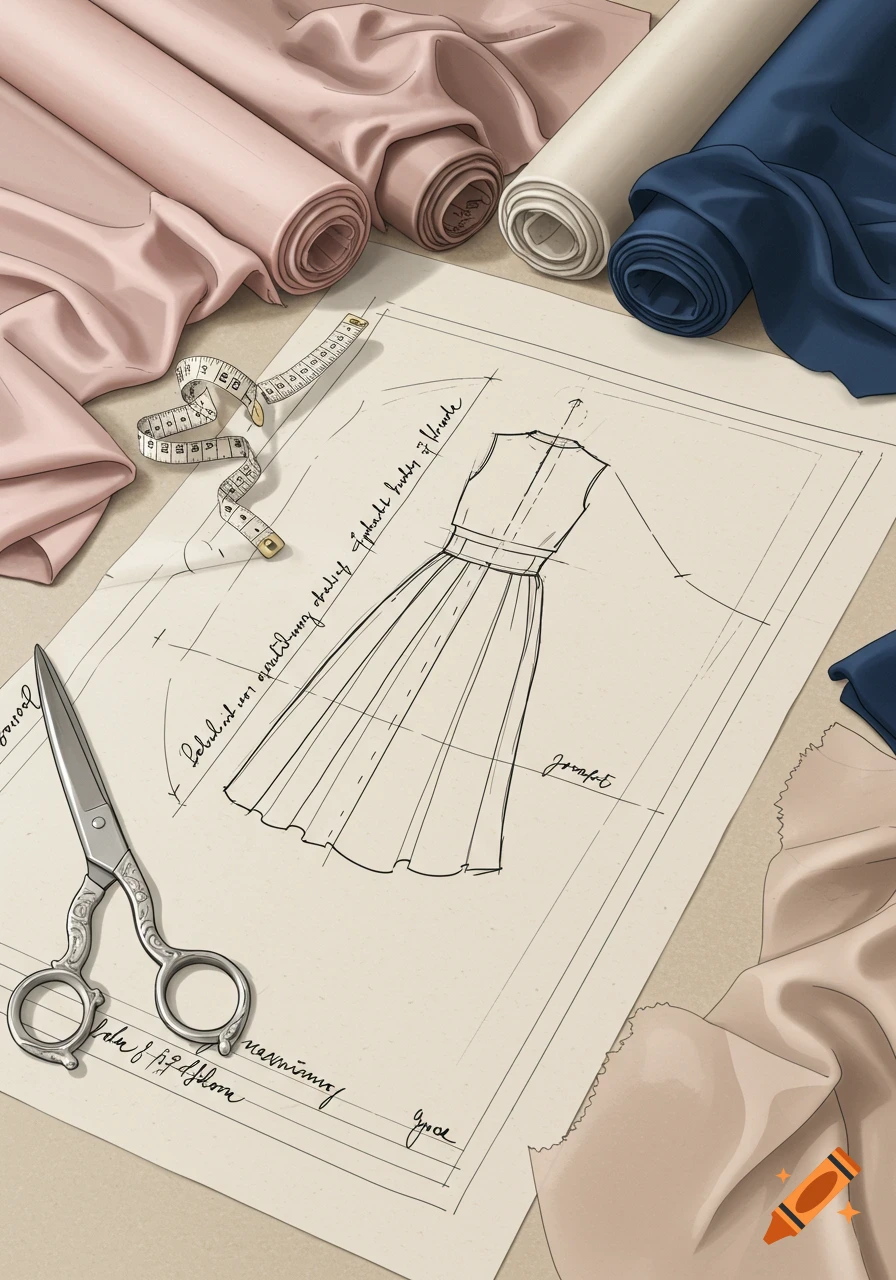 Illustrated fashion design sketch of a dress, rolls of fabric, scissors, and a measuring tape on a table.