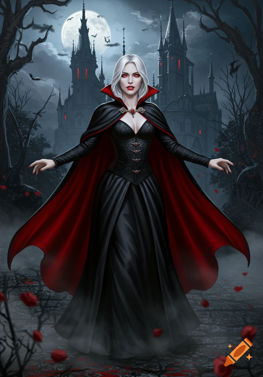 A pale, white-haired female vampire in a black and red cape stands before a gothic castle under a full moon.