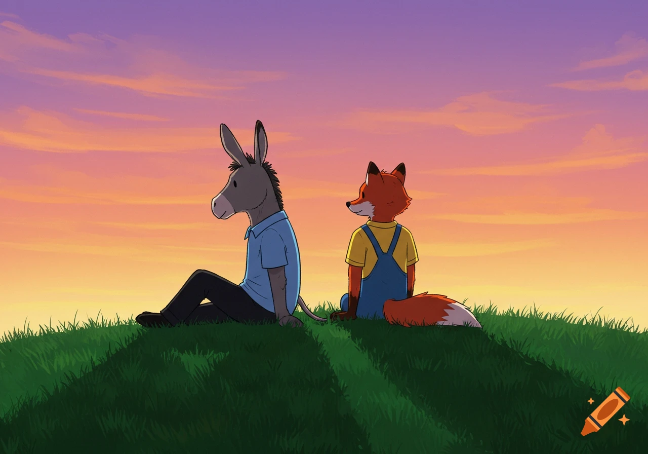An anthropomorphic donkey and a red fox sit on a grassy hill, looking at a vibrant orange and pink sunset sky in a 2D drawing style.