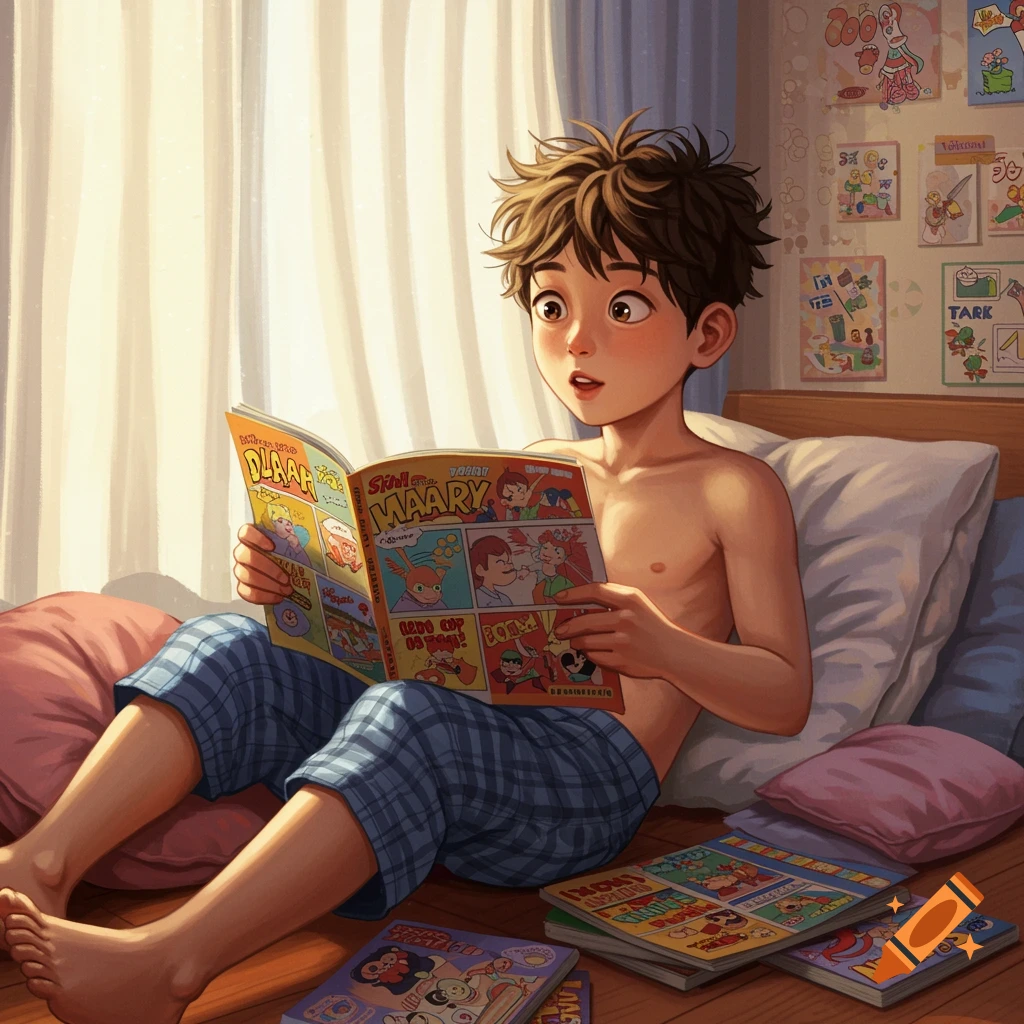 An illustrated young boy in plaid pajamas, shirtless, sits on a bed reading a comic book with a surprised expression.