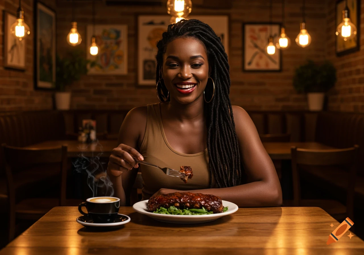 A smiling Black woman with dreadlocks eats ribs at a wooden table in a dimly lit restaurant, with a cup of coffee nearby.