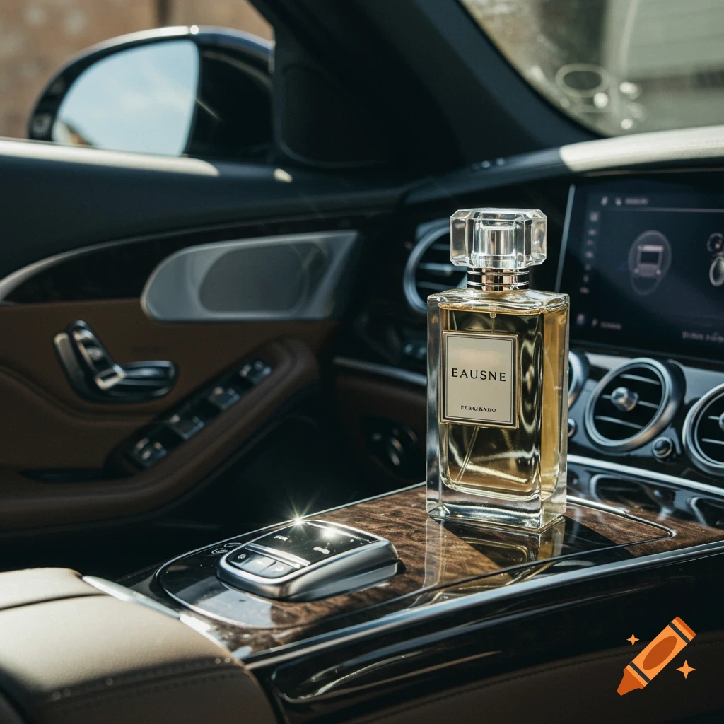 A photorealistic image of a perfume bottle with a crystal cap on the wooden dashboard of a luxury car.