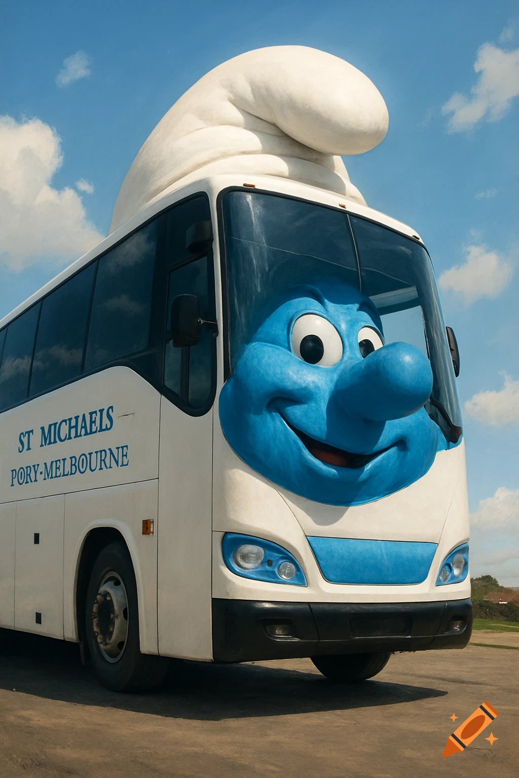 Realistic white tour bus with a large blue Smurf head on the front and a white Smurf hat on top, under a blue sky.