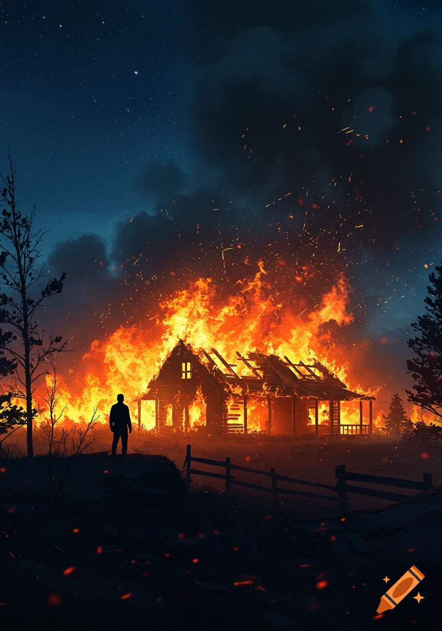 A silhouetted man watches a house fully engulfed in bright orange flames under a dark, starry night sky, with smoke rising.