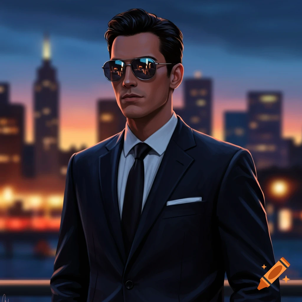 Stylized illustration of a man in a dark suit and aviator sunglasses, reflecting a city skyline at sunset.