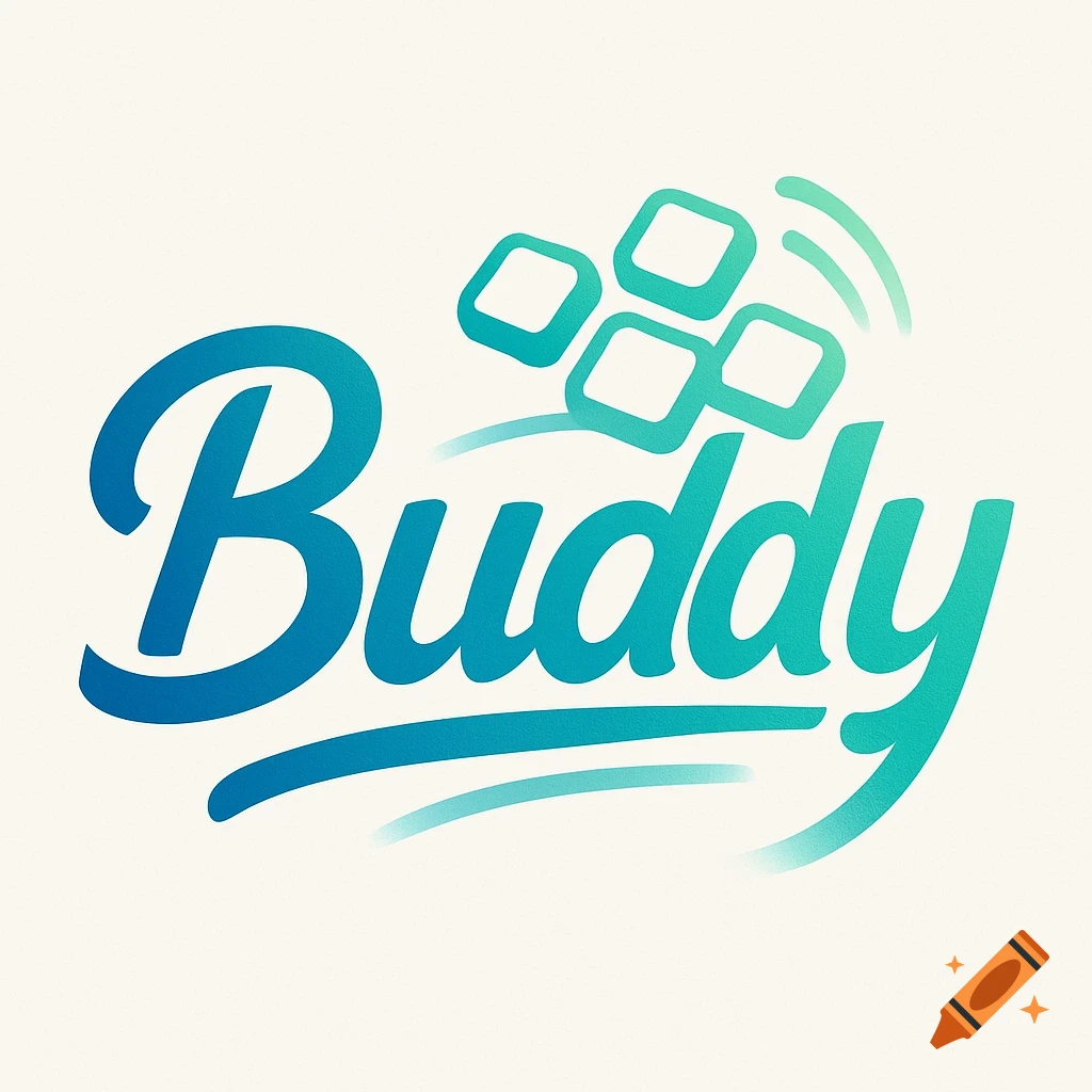 A blue and green gradient script logo for the word 'Buddy' with four abstract squares above it.