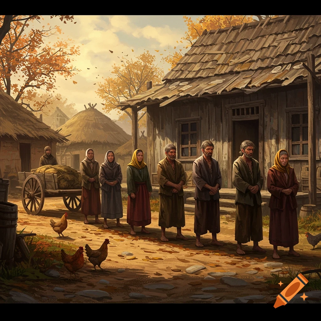 An illustration of a line of villagers, men and women, standing on a dirt path with chickens in an autumn village.
