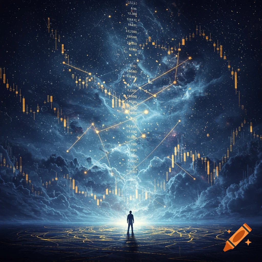 A silhouette of a person stands on a glowing floor, looking up at golden financial charts and data lines emerging from clouds into a starry sky.