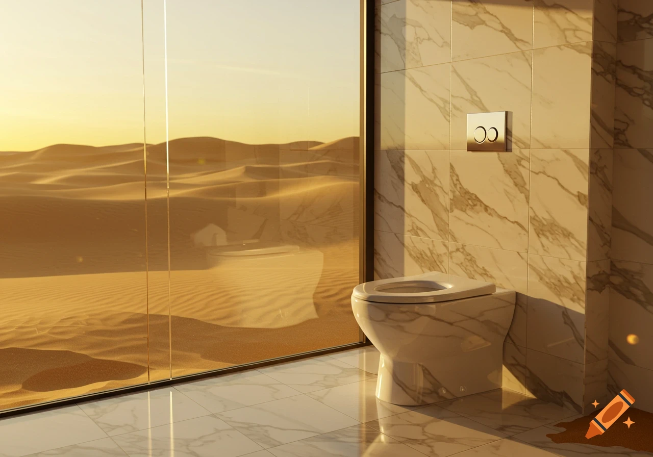 Modern toilet in a luxurious marble bathroom with a large window offering a golden desert view at sunset.