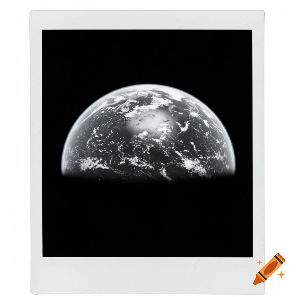Black and white polaroid photo of Earth from space, showing continents and clouds.