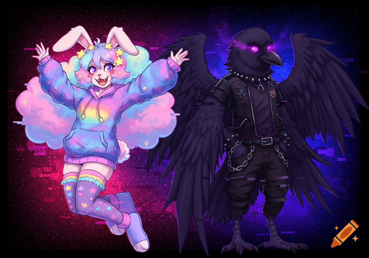 A vibrant anime-style illustration of a pastel bunny girl and a dark crow boy with glowing eyes, set against a glitchy, starry background.