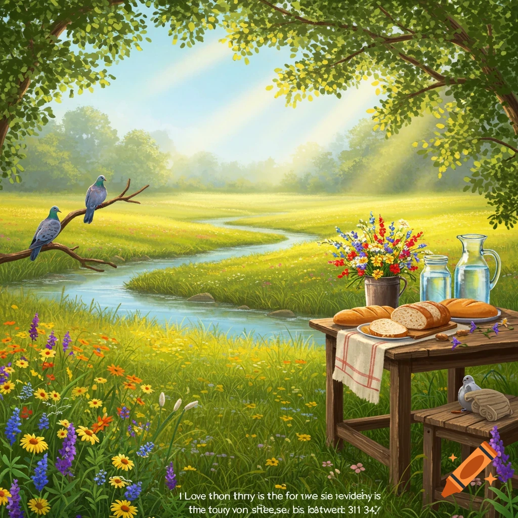 A serene, vibrant landscape painting with a winding river, lush green grass, colorful wildflowers, and two birds perched on a branch. A wooden picnic table with bread, flowers, and drinks sits by the river.