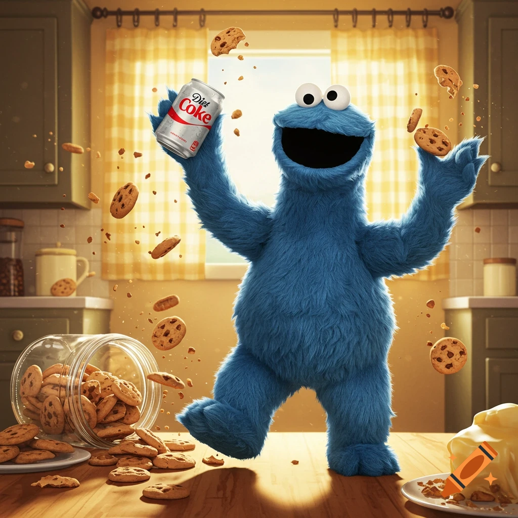Photorealistic Cookie Monster joyfully holds a Diet Coke can while cookies spill from a jar in a sunny kitchen.