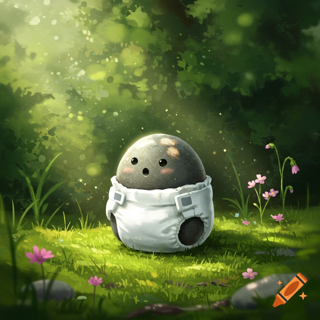 A cute, round grey creature in a white diaper stands in a sunlit, vibrant green forest with small pink flowers.