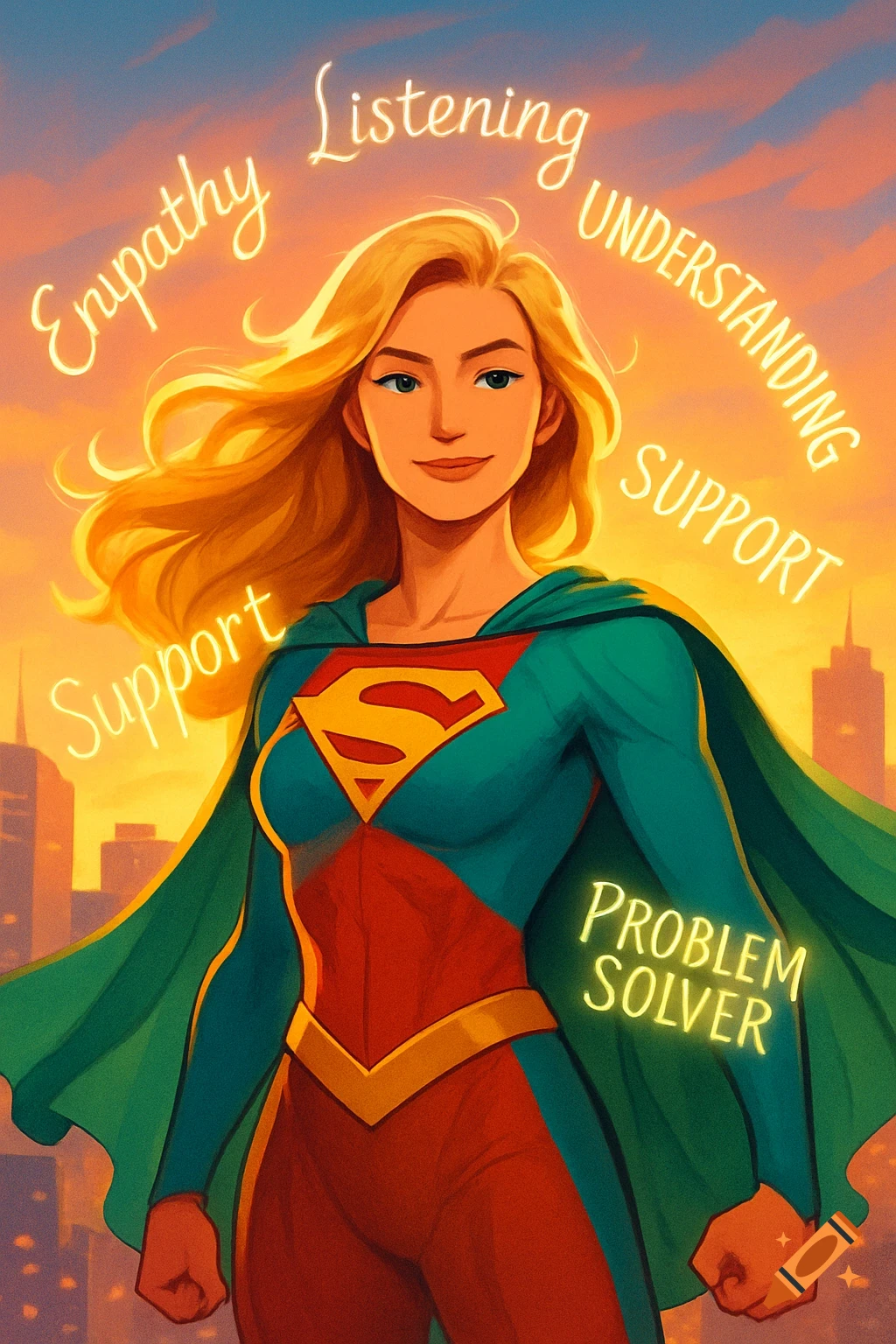 Blonde female superhero in blue, red, and gold suit with a green cape and 'S' emblem. Glowing words surround her.