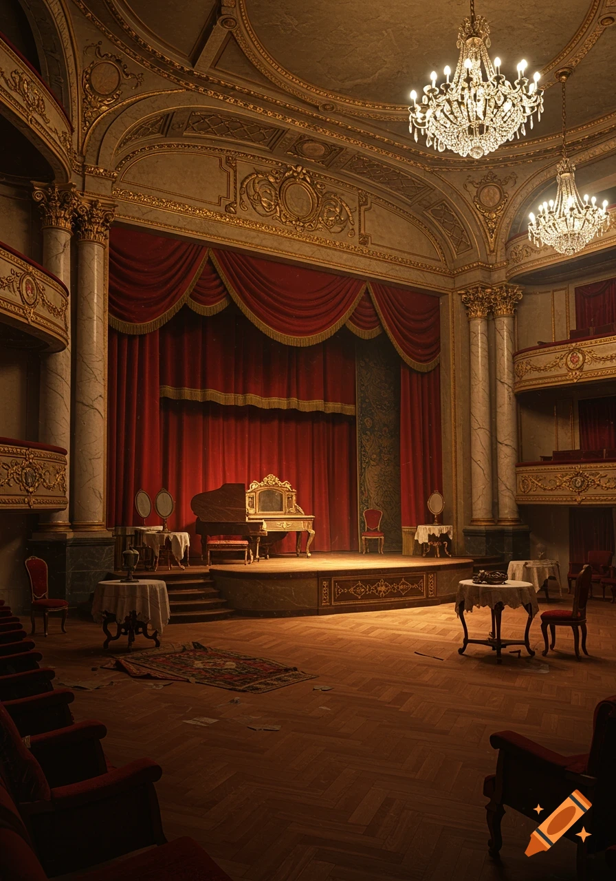 An opulent, empty theater stage with red velvet curtains, a grand piano, ornate gold decor, chandeliers, and rows of seats.
