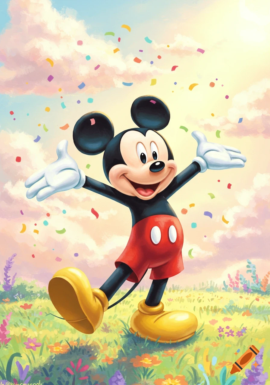 Mickey Mouse joyfully stands in a colorful flower field with confetti falling, illustrated in a cheerful cartoon style.
