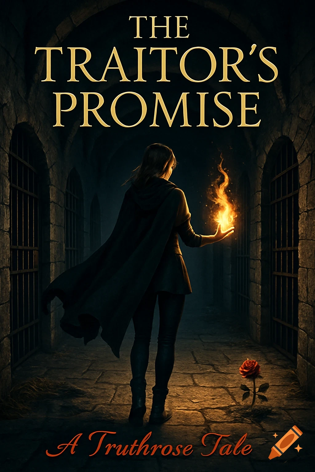 A woman in a dark cloak stands in a dungeon hallway, holding a ball of fire. A single red rose grows on the stone floor. Text reads 'The Traitor's Promise'.