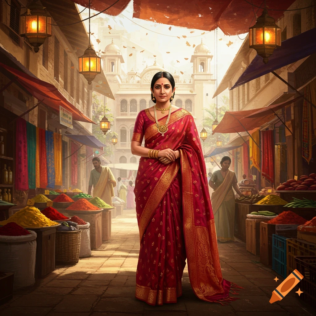 A woman in a vibrant red and gold saree stands in a bustling Indian market, surrounded by colorful spices and fabrics.