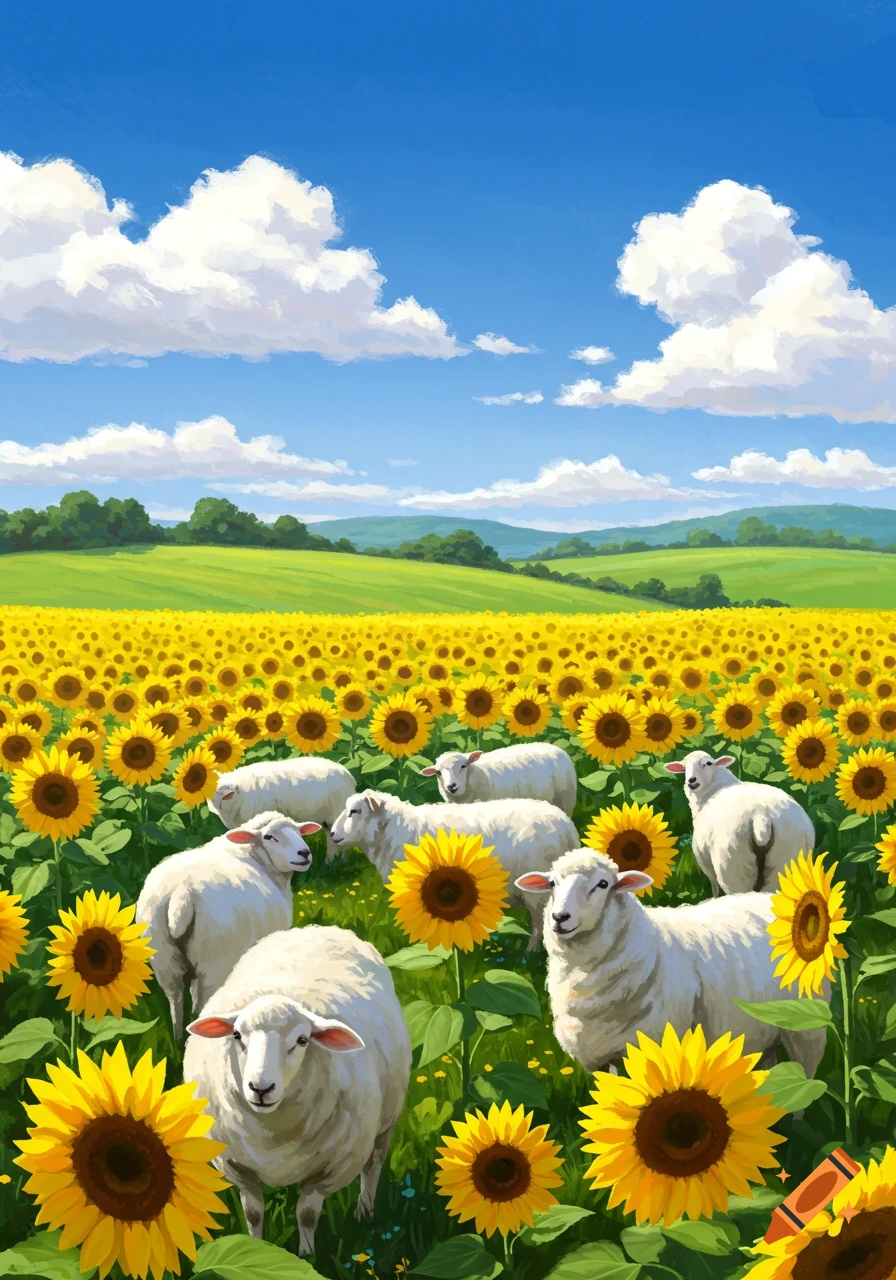 A flock of white sheep stand among a vibrant field of yellow sunflowers under a clear blue sky with fluffy clouds, in a painterly style.