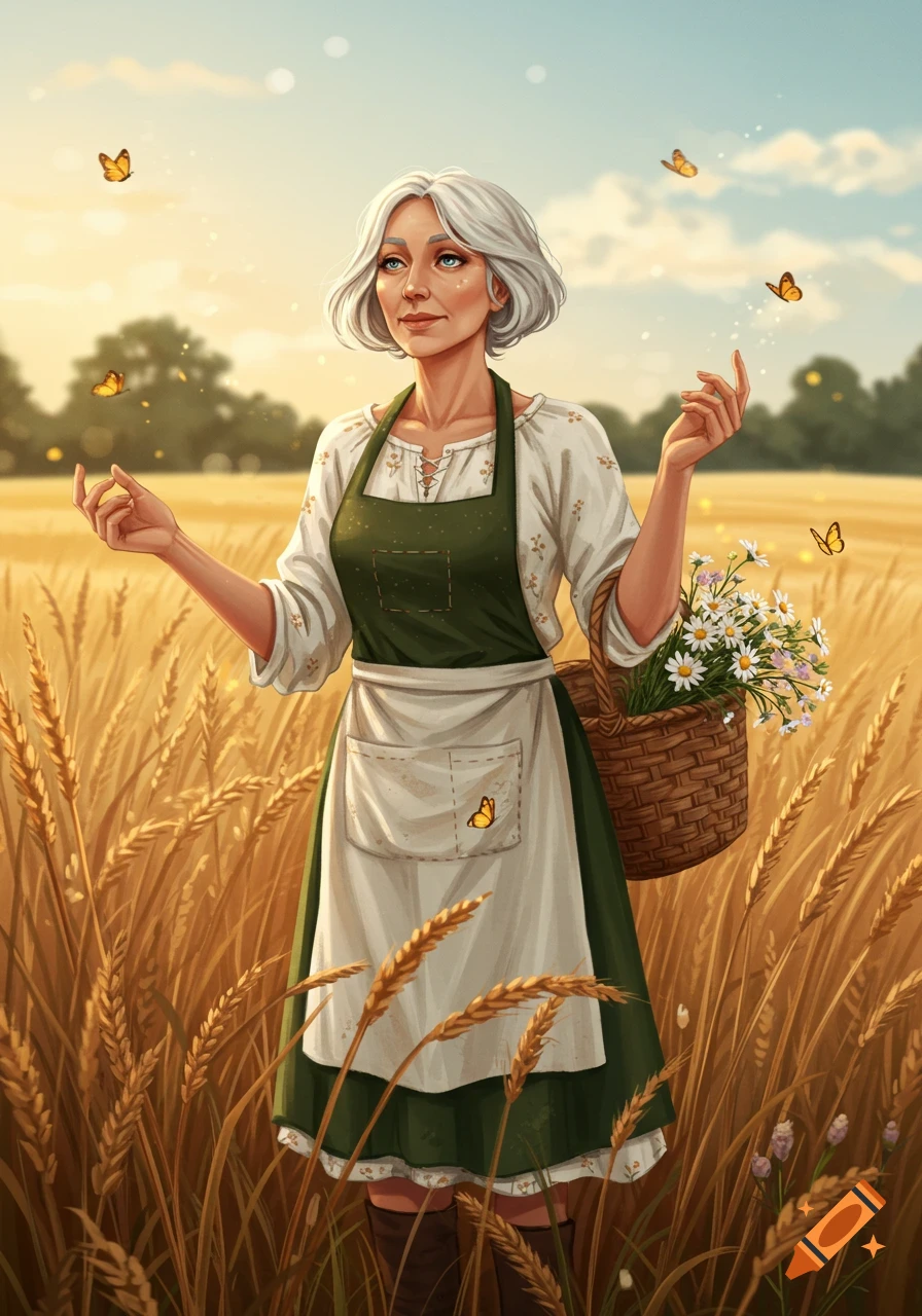 Illustrated silver-haired woman in farmcore clothes stands in a golden wheat field, hands raised, with butterflies and a basket of daisies.